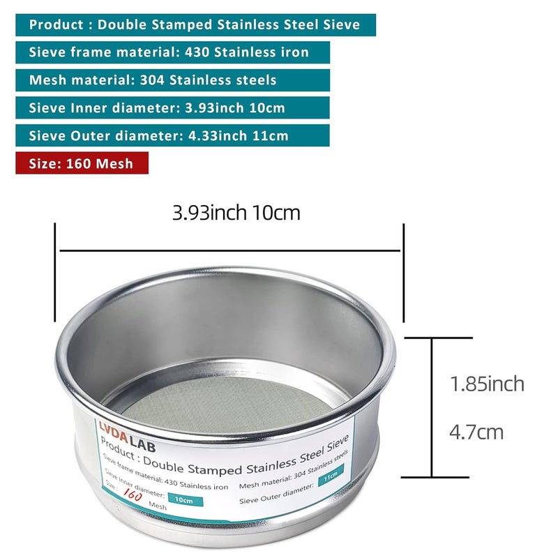 LVDALAB 304 Stainless Steel Mesh Lab Sieve, 160 Mesh (0.097mm) Aperture Test Sieve, 4inch(10cm) Economy Standard Analysis Sample Test Sieves for Industrial Laboratory Homes - Image 2